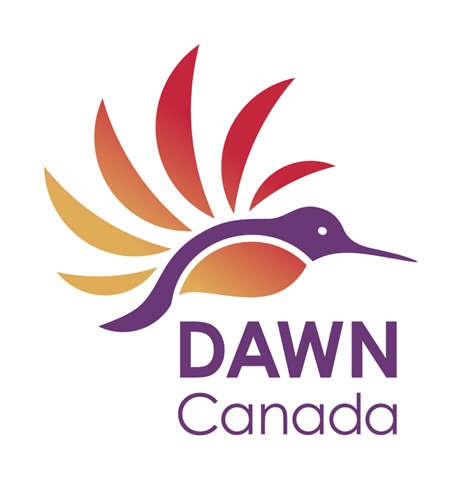 DAWN-RAFH Canada logo: a purple hummingbird with orange and yellow belly and feathers arranged to look like a rising sun. Beneath the hummingbird large purple lettering reads DAWN Canada.