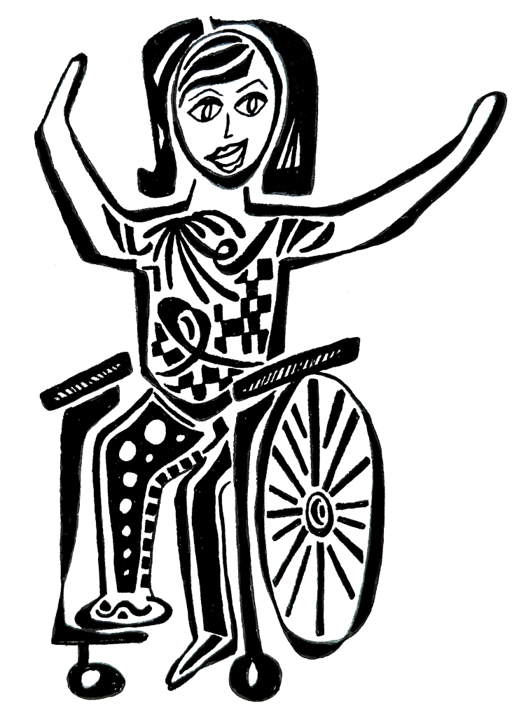 A black and white illustration of a femme person seated in a wheelchair. The person has shoulder length black hair and bangs. The person is seated in a wheelchair with arms lifted up above their head and a smile on their face.