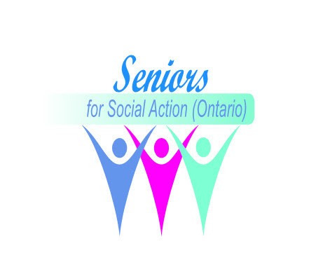 The Seniors for Social Action (Ontario) logo: three stylized, abstract figures appear in a row, their arms raised and overlapping. They are blue, purple, and light green from left to right. Above them, in blue and light green, appear the words Seniors for Social Action (Ontario)